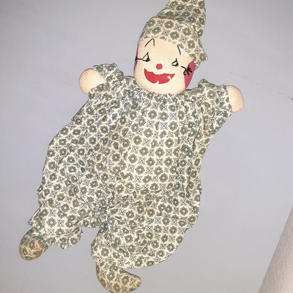 Mid-Century Hand-Made Sock-Doll Clown * 1966 * Felt & Stitched Face * Cotton